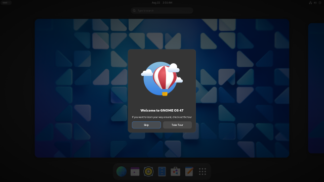 Screenshot of GNOME OS 47.beta build showcasing the welcoming gnome-tour dialog