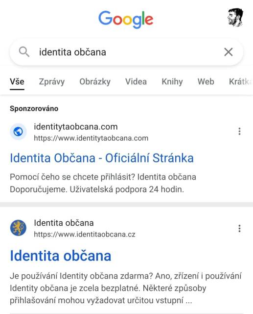 Search results for "identita občana" on Google. There is identytaobcana.com on the first position. Marked as an ad.