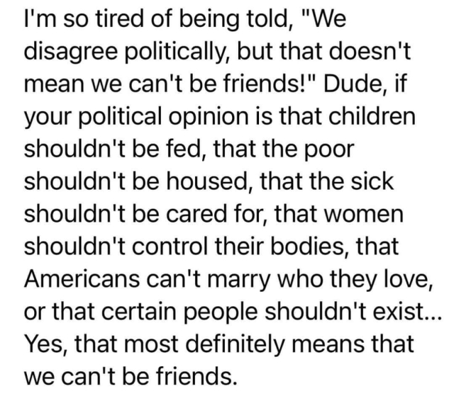 I'm so tired of being told, "We disagree politically, but that doesn't mean we can't be friends!" Dude, if your political opinion is that children shouldn't be fed, that the poor shouldn't be housed, that the sick shouldn't be cared for, that women shouldn't control their bodies, that Americans can't marry who they love, or that certain people shouldn't exist... Yes, that most definitely means that we can't be friends.