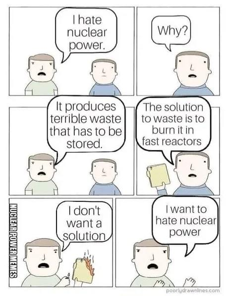 Meme in six panels: 1. a guy says "I hate nuclear power". 2. The person next to him asks "why?". 3. The first guy responds "it produces terrible waste that has to be stored". 4. The second person replies "the solution to waste is to burn it in fast reactors", where he holds a file presumably holding this solution. 5. The first guy responds taking that file and burning it, saying: "I don't want a solution". 6. He continues: "I want to hate nuclear power".