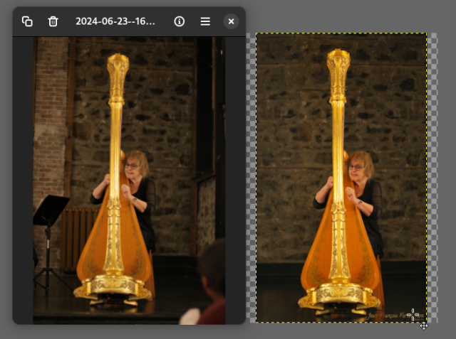 Photo de comparaison avant et après retouches. La harpiste professionnelle joue avec une grande harpe dorée.

Dans la photo d'origine, un lutrin mal placé, un chauffage mural brun, une tête de membre de l'auditoire, un mur de briques défraîchi et des bouts de bois, et de grosses rides, nuisent à l'atmosphère de la photo. La version retouchée retire tous ces éléments et étend de façon unie le mur de pierres.