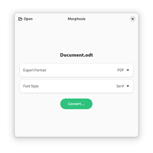 A screenshot of Morphosis, showing the options for converting "Document.odt". The Export Format is set to PDF. The Font Style is set to Serif