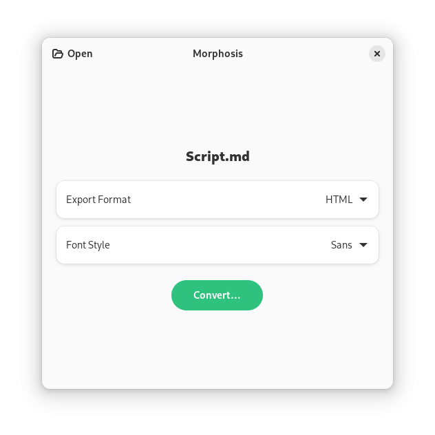 A screenshot of Morphosis, showing the options for converting "Script.md". The Export Format is set to HTML. The Font Style is set to Sans