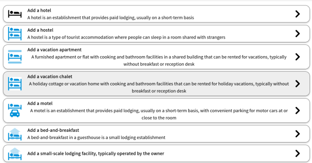 A screenshot of MapComplete, showing various options for tourism accomodation, such as hotel, hostel, B&B, Motel, ...