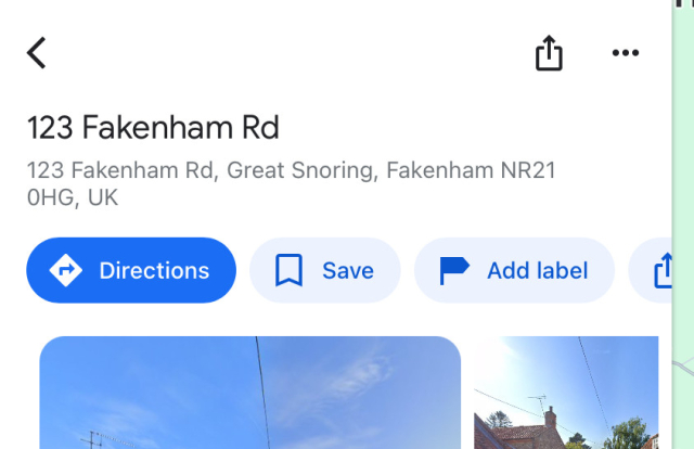 Google Maps screenshot for 123 Fakenham Road, Great Snoring, Fakenham