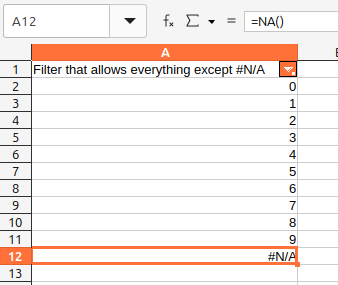 Screenshot of LibreOffice Calc, showing an active AutoFilter that's supposed to hide #N/A, but the bottom line with #N/A is still visible and nothing has been filtered out.