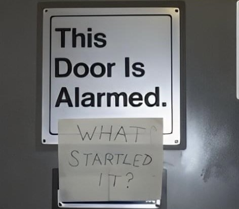 Photograph of a permanent sign on a wall that states "This door is alarmed." Tacked on the bottom of the sign is a post-it note asking, "What startled it?"