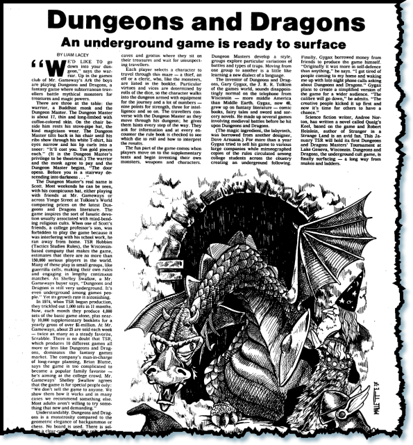 A newspaper article from the Toronto Star in November of 1978 describing Dungeons and Dragons.

Link to PDF in the toot.