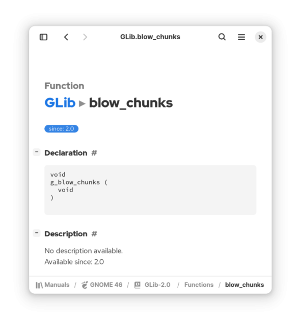 A screenshot of a manual entry in GLib for the function "g_blow_chunks".