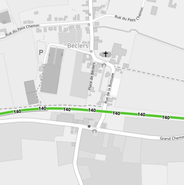 A screenshot of OpenRailwayMap showing the railway crossing in the town of Béclers, BE.
The indicated track speed is 140.