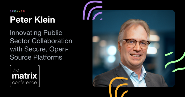 A portrait of a speaker, Peter Klein, next to the name of his talk: "Innovating Public Sector Collaboration with Secure, Open-Source Platforms".