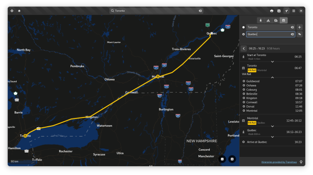 Screenshot of GNOME Maps calculating a train itinerary from Toronto to Québec City, using two train lines with Montréal as a stop-over