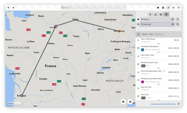 Screenshot of GNOME Maps calculating a French train itinerary from Bordeaux to Strasbourg, using multiple train lines/segments