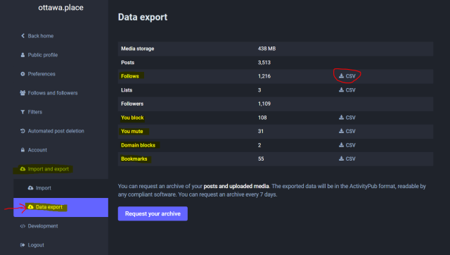 A screenshot of the Data Export page on Mastodon