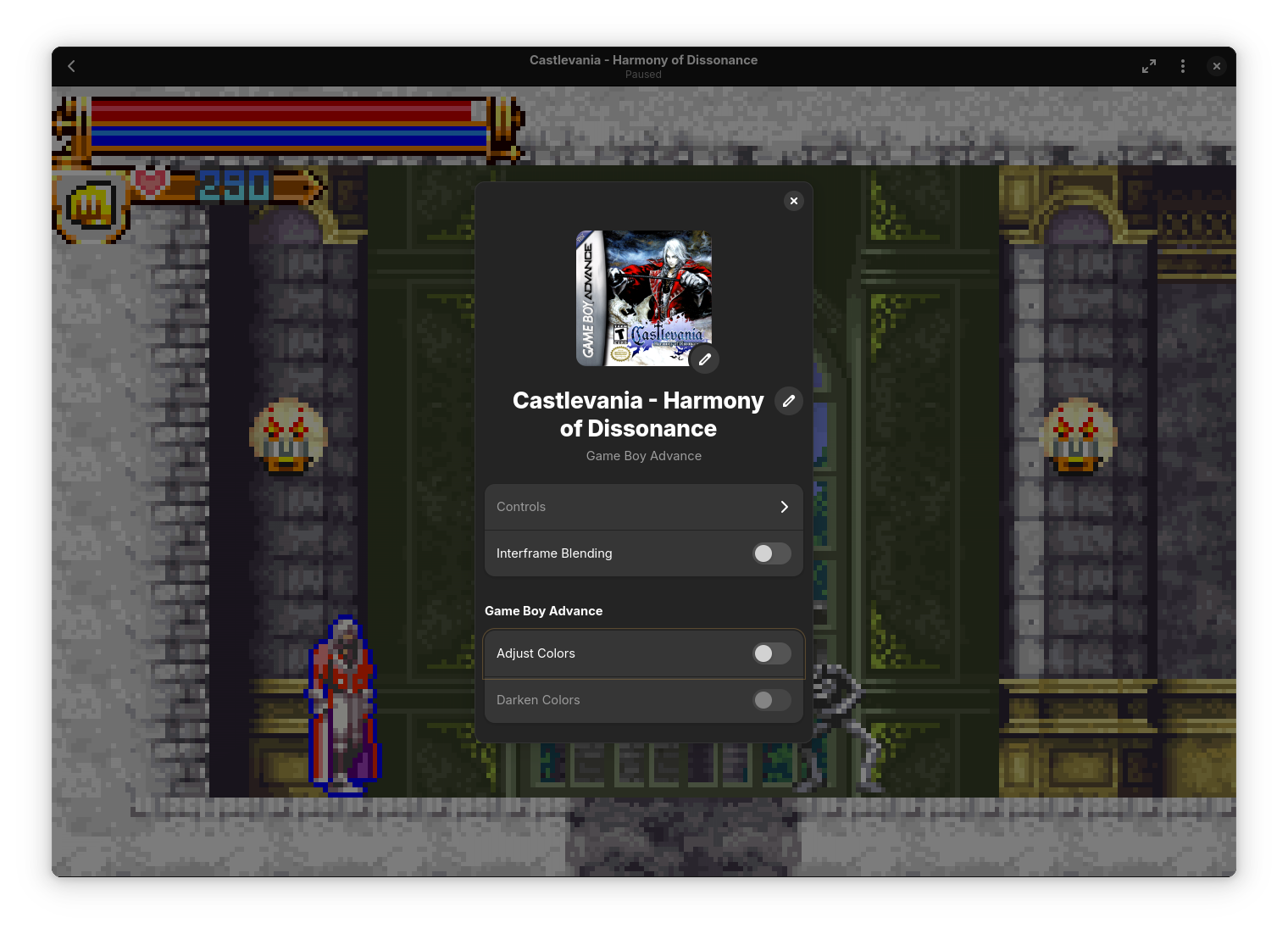 Castlevania: Harmony of Dissonance running in Highscore, with properties doalog on top of it. It has 2 options: adjust colors and darken colors. Neither is checked