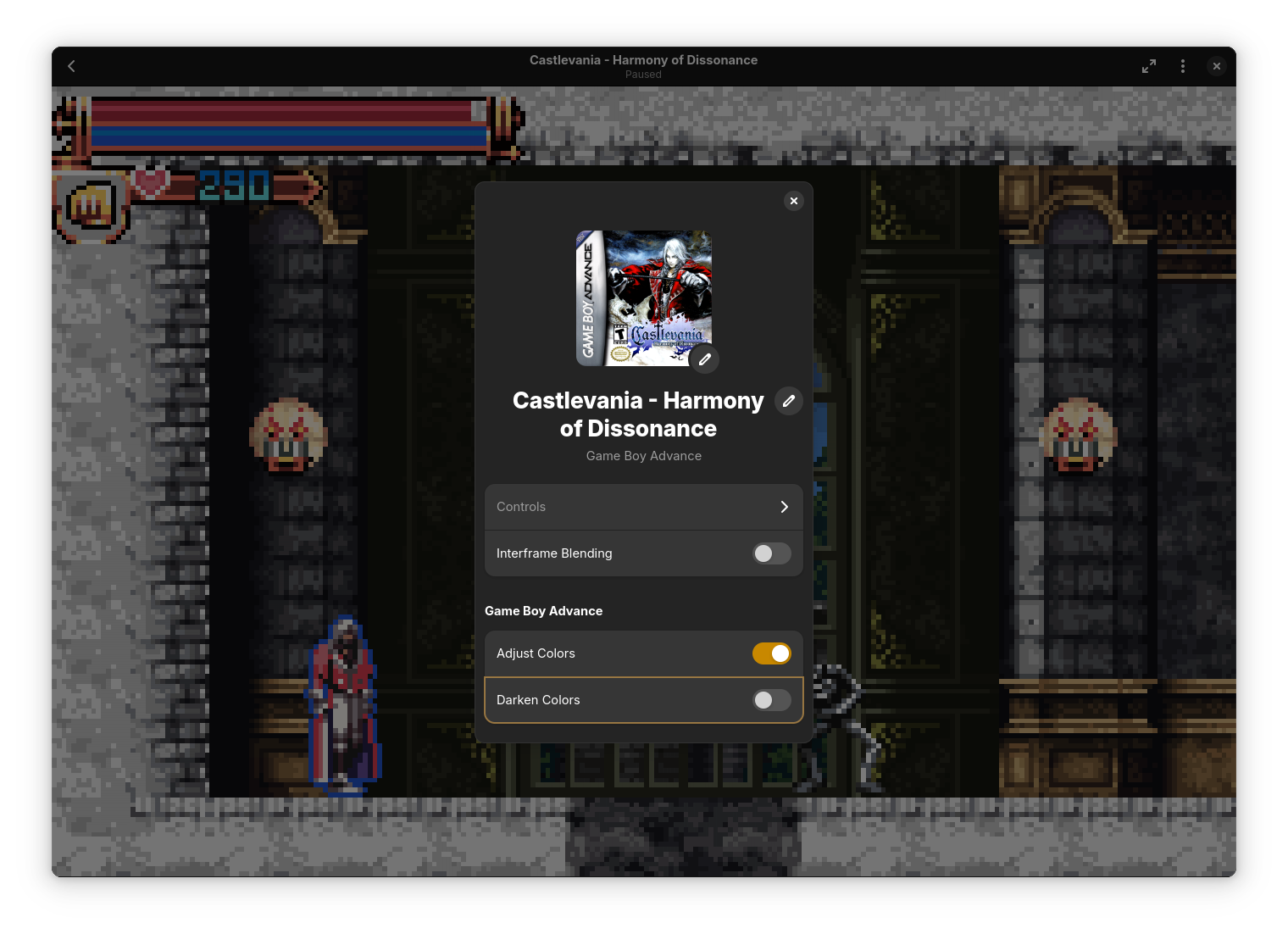 Castlevania: Harmony of Dissonance running in Highscore, with properties doalog on top of it. It has 2 options: adjust colors and darken colors. Adjust colors is checked