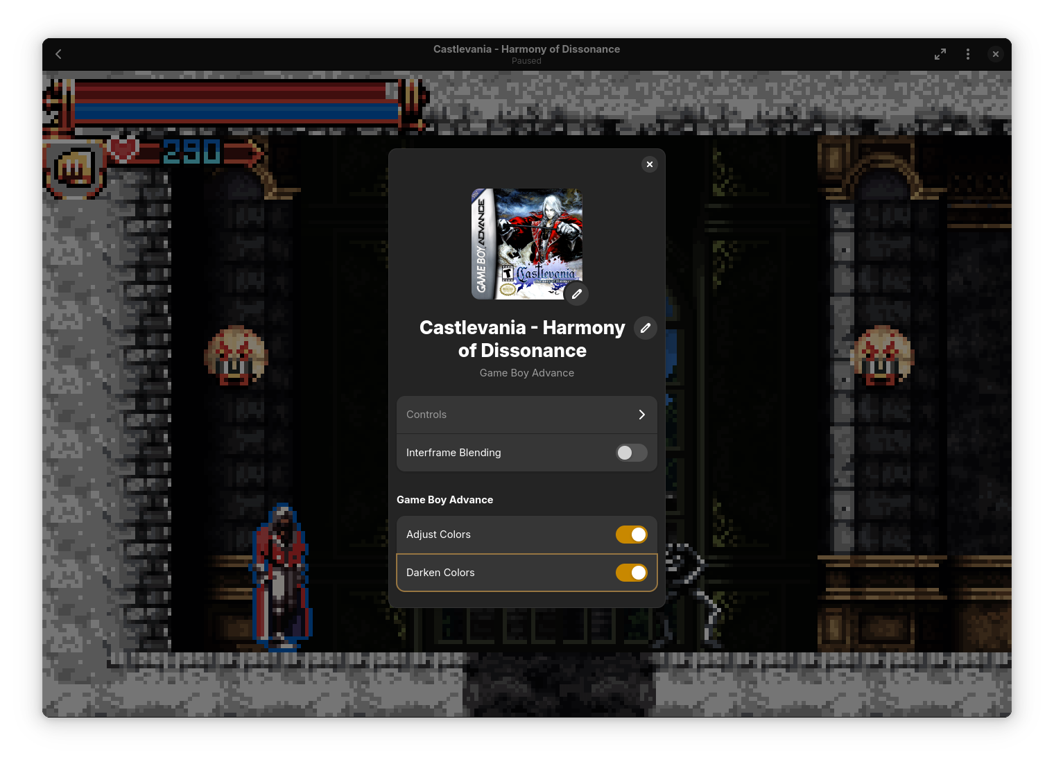 Castlevania: Harmony of Dissonance running in Highscore, with properties doalog on top of it. It has 2 options: adjust colors and darken colors. Both are checked.