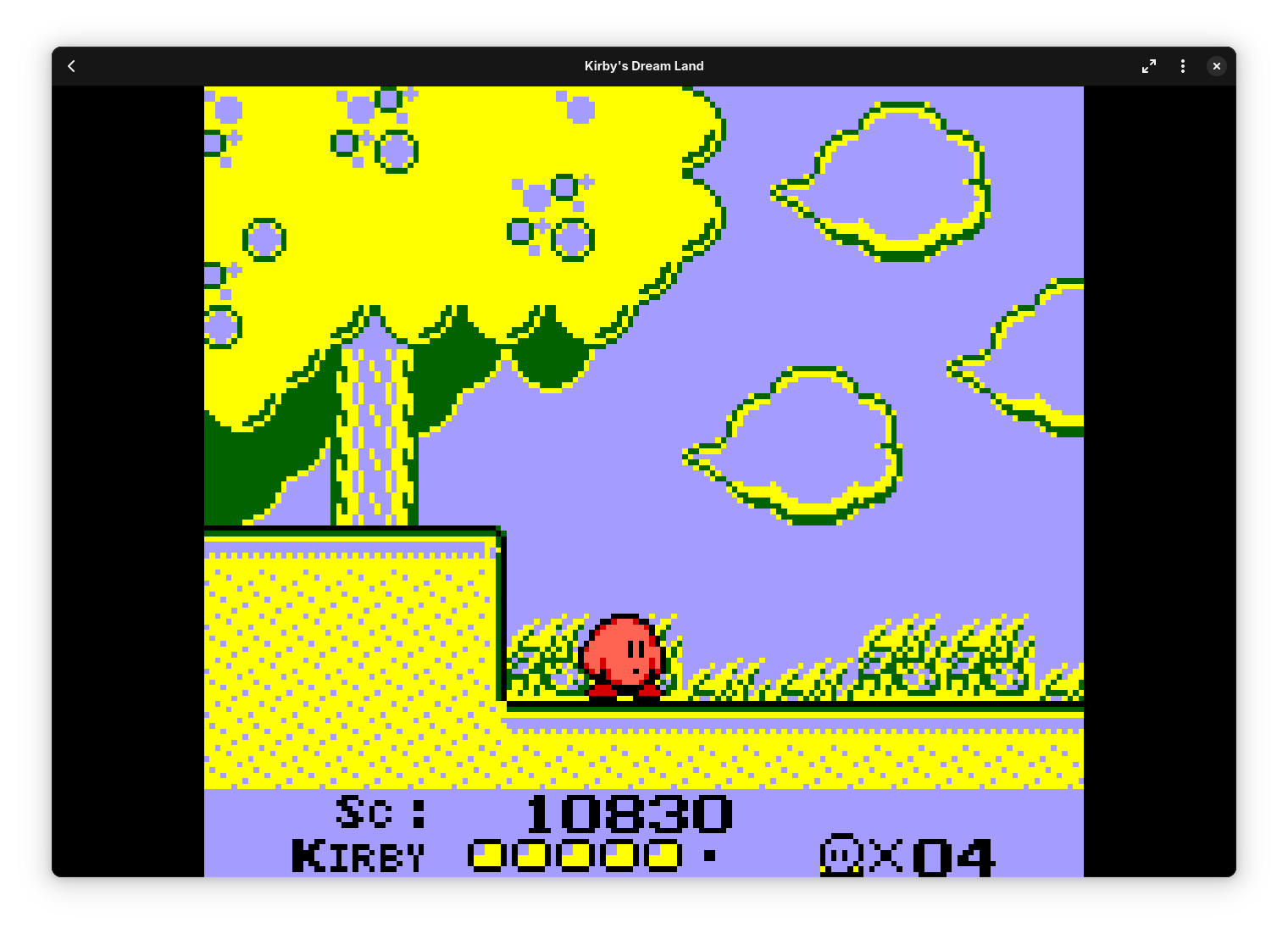 Screenshot of Kirby's Dream Land with its special GBC palette without color correction