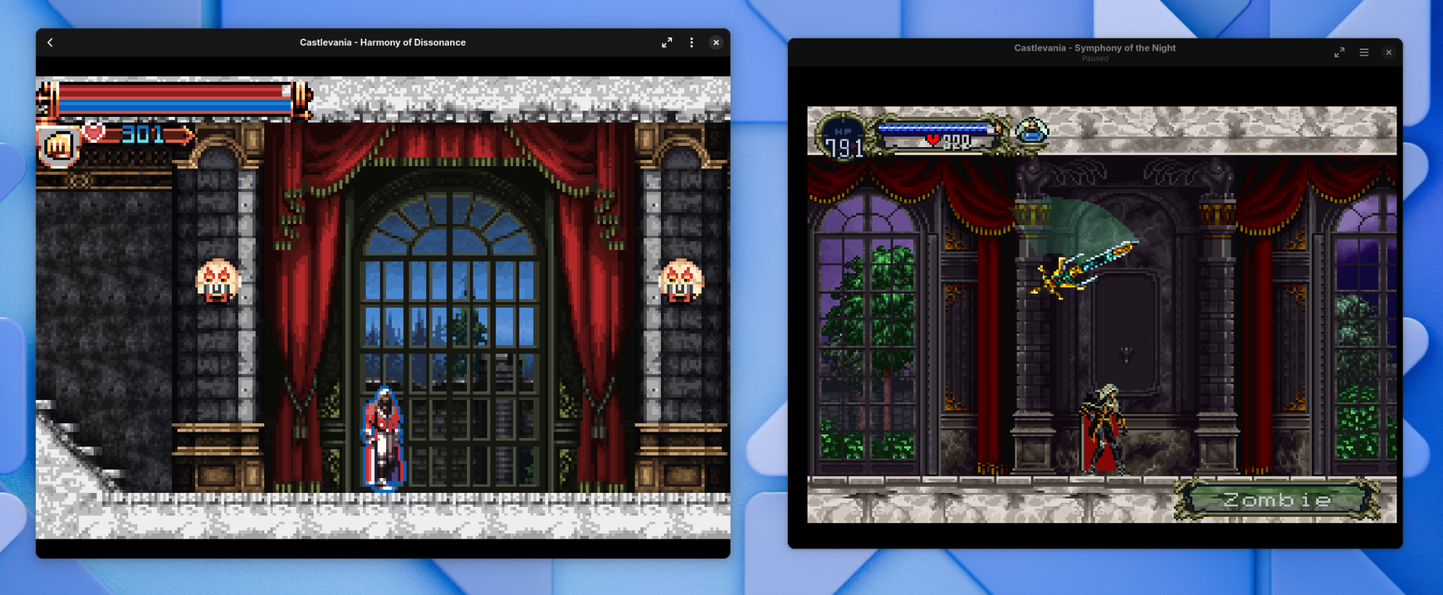 Screenshot of Castlevania: Symphony of the Night and color-corrected and darkened Castlevania: Harmony of Dissonance side by side, with comparable brightnesses