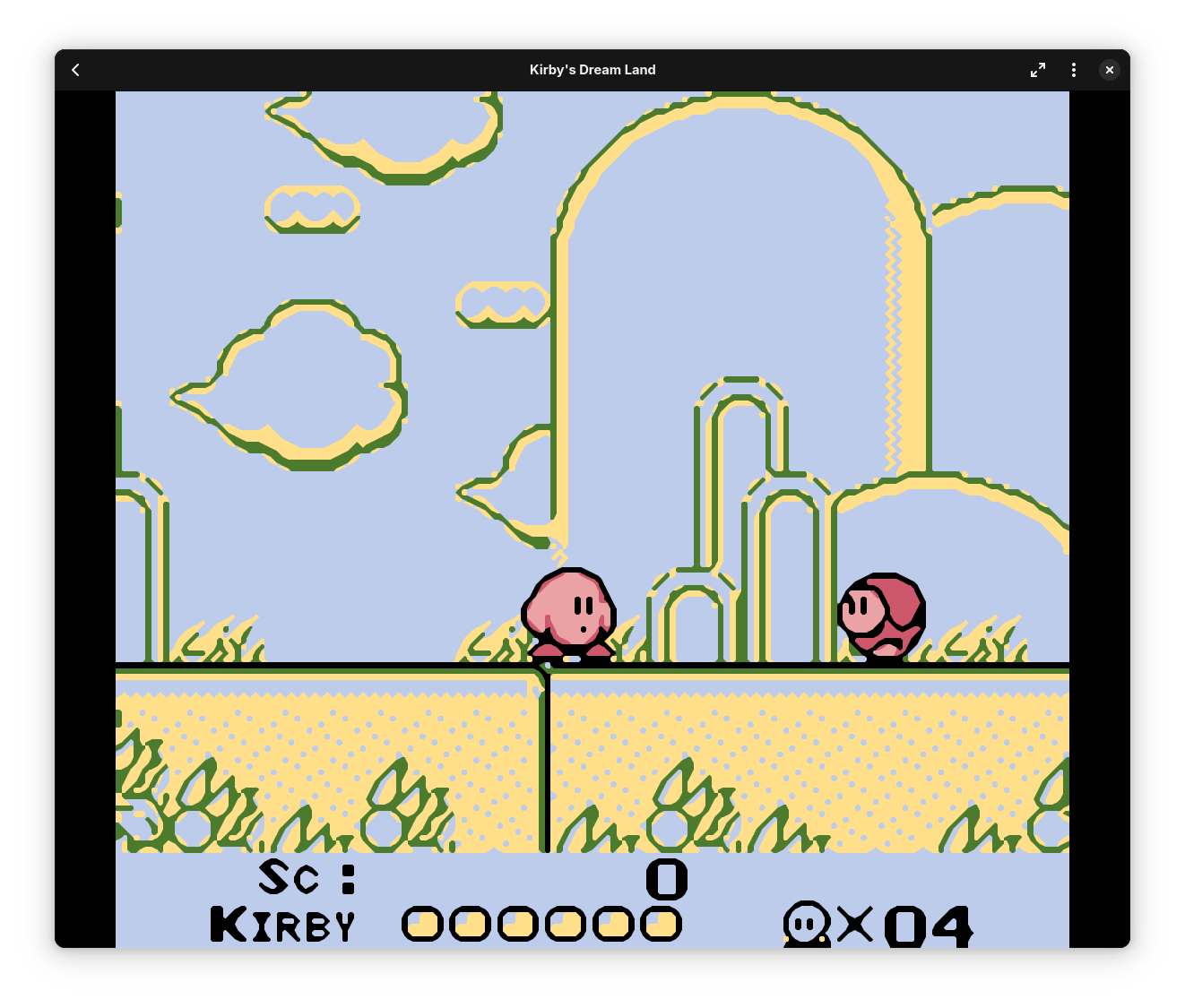 Screenshot of Kirby's Dream Land with xBRZ filter and color-corrected special GBC palette