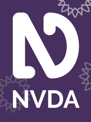 NVDA logo and text in white on purple with grey sunburst designs in the background around the edge