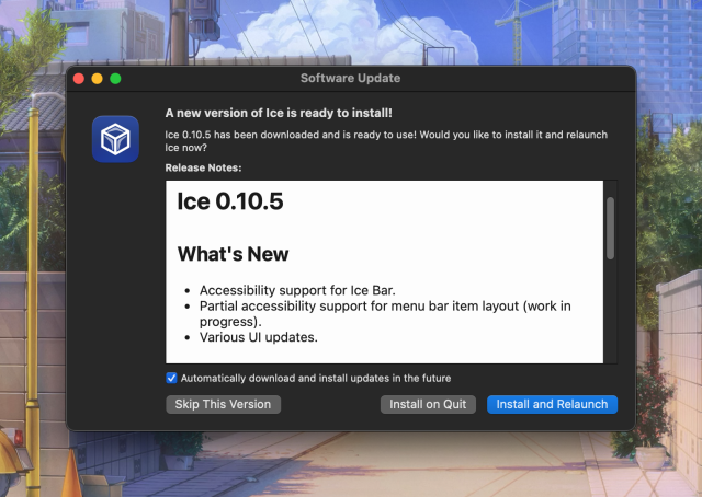 screenshot of the software update window showing the new changes in ice version 0.10.5

the relevant bullet points are:

Accessibility support for Ice Bar.

and 

Partial accessibility support for menu bar item layout (work in progress).