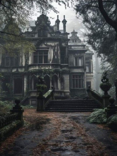 This is an abandoned Victorian style house in the woods, it looks abandoned, and it's a bit dark and misty