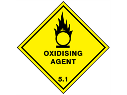 A rotated square yellow and black sigh with a symbol and label for "oxidising agent"