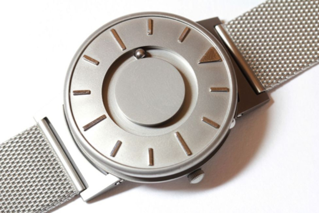 The Bradley Timepiece, with one of the ball bearings visible on the watch face.