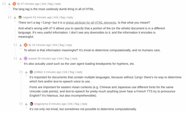 Thread discussion about the utility and implementation of the lang attribute in HTML, including various opinions on its importance and examples of its uses.