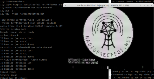 A screenshot of the Apple II emulator, displaying RadioFreeFedi's logo and stream information