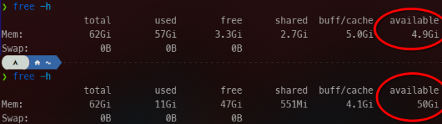 A screenshot of the "free" CLI util showing 45GB RAM being freed by closing a browser.