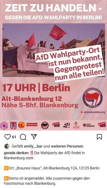 17 UHR I Berlin

Alt-Blankenburg 12
Nähe S-Bhf. Blankenburg

zeitzuhandeln.org
Dort: „Braunes Haus“, Alt-Blankenburg 12A, 13129 Berlin

Demo ist angemeldet. Alle zusammen gegen den Faschismus nach Blankenburg.