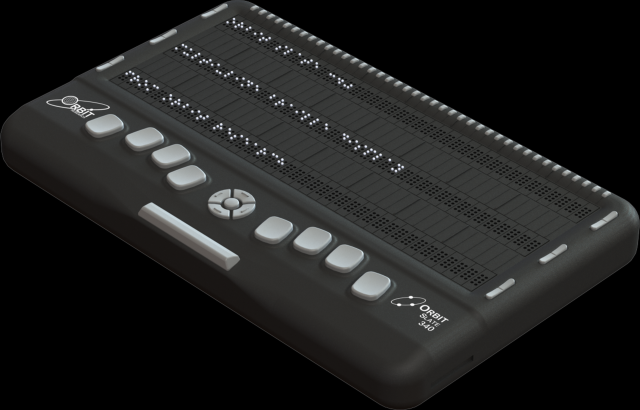 Photo showing an angled perspective view of the Orbit Slate 340.  Shows the words "Orbit Slate 340" in braille on the braille display.  The picture shows the Perkins-style keyboard on top of the unit, along with cursor routing buttons.  On the end of each 3 braille display there are rocker keys for navigation and the right side of the unit shows SD card slot.