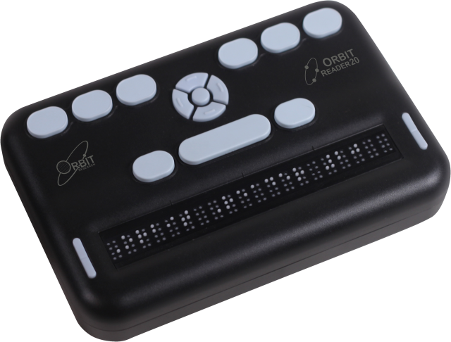 Photo showing an angled perspective view of the Orbit Reader 20.  Shows the words "Orbit Reader 20" in the braille of the braille display.  The picture shows the Perkins-style keyboard on top of the unit, along with rocker keys on each side of the braille display. 