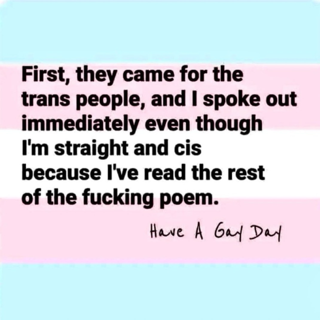 First, they came for the trans people, and I spoke out immediately even though I'm straight and cis because I've read the rest of the fucking poem. Have A Gay Day