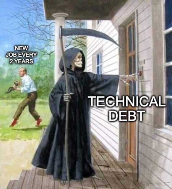 The grim reaper is ringing the doorbell with "technical debt" written under it

A man sneaks out of the house in the background wearing socks and holding his shoes with the text "new job every 2 years" above him
