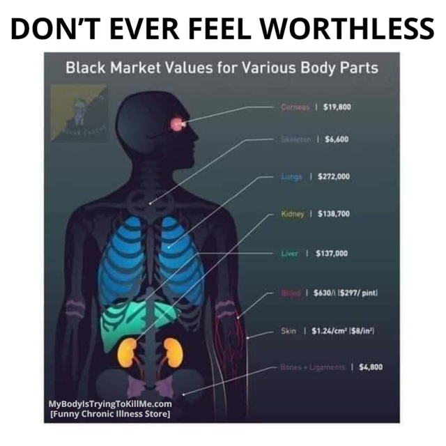 Don't ever feel worthless
Black market values for various body parts (a list of all the organs and how much they go for)

