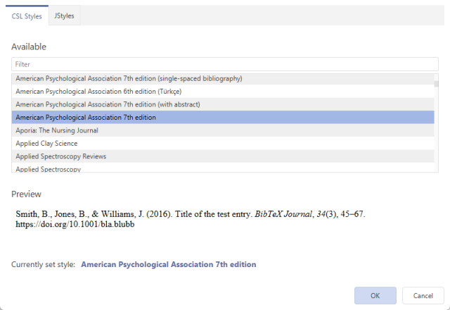 Screenshot of JabRef showing the CSL styles selection dialog with Apa style selected  