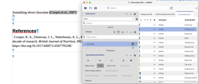 Screenshot showing a generated citation in LibreOffice (on the left)  which is selected in JabRef (on the right) 