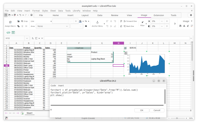 Screenshot of LibrePythonista creating a chart from data in a spreadsheet