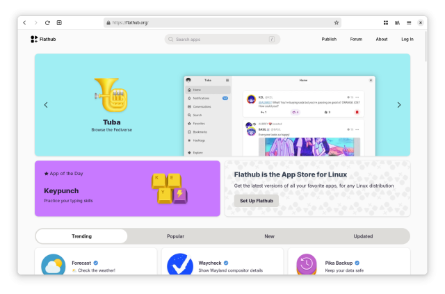 Screenshot of a web browser displaying flathub.org, a website displaying apps available on Flathub. The app Keypunch is featured in an "App of the Day" tile.