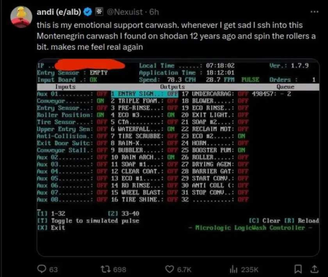 this is my emotional support carwash. whenever I get sad I ssh into this Montenegrin carwash I found on shodan 12 years ago and spin the rollers a bit. makes me feel real again