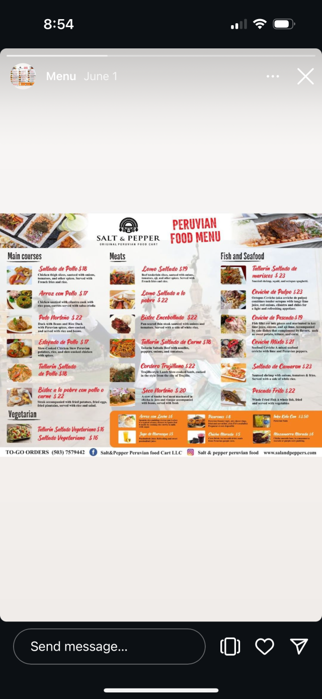 Screenshot of an Instagram story showing a large, impossible to read menu 