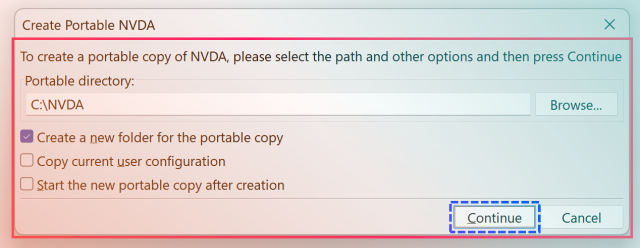 "Create portable NVDA" screen with the folder C:\NVDA set and overlaid with turquoise and orange colours