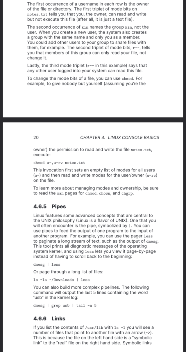 Part of the Linux introduction, explaining permissions, pipes, and links.