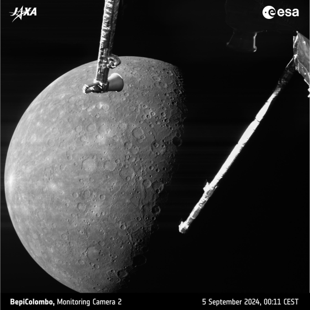 Mercury is receding into the distance in this image taken by the ESA/JAXA BepiColombo mission in the early hours of 5 September 2024 as the spacecraft sped by for its fourth of six gravity assist manoeuvres at the planet. 

The image is a nice teaser of what scientists would like to study in much more detail when BepiColombo starts is main science mission in early 2027. For the first time, BepiColombo saw Mercury’s south pole (top right). Sunlight never reaches the floor of some craters in this region, so despite the planet being very close to the Sun, the land remains freezing cold, making it likely that there is water ice present. 

The surface of Mercury hosts many fascinating geological features, including four craters close to Mercury’s south pole. The large ring around the south pole indicates the area designated as the south polar region (the equivalent of Earth’s ‘polar circle’). 

Also in the image are the Mercury Planetary Orbiter’s medium gain antenna (top centre) and magnetometer boom (right). 