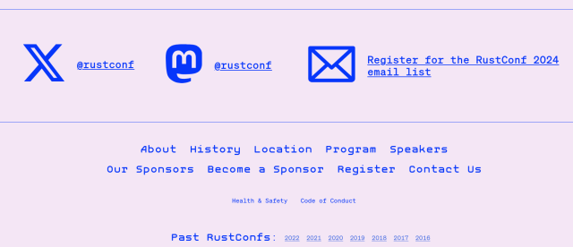 Screenshot of the RustConf website that show a very small print "Health & Safety" and and very big logo for the nazi bar that copy the X11 logo.