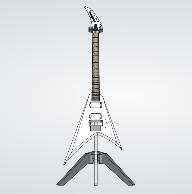 Front-on orthographic view of a Jackson V guitar in a floor-standing guitar stand.