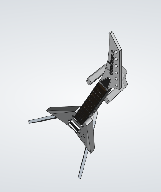 Top-down perspective view of a Jackson V guitar in a custom design guitar stand.